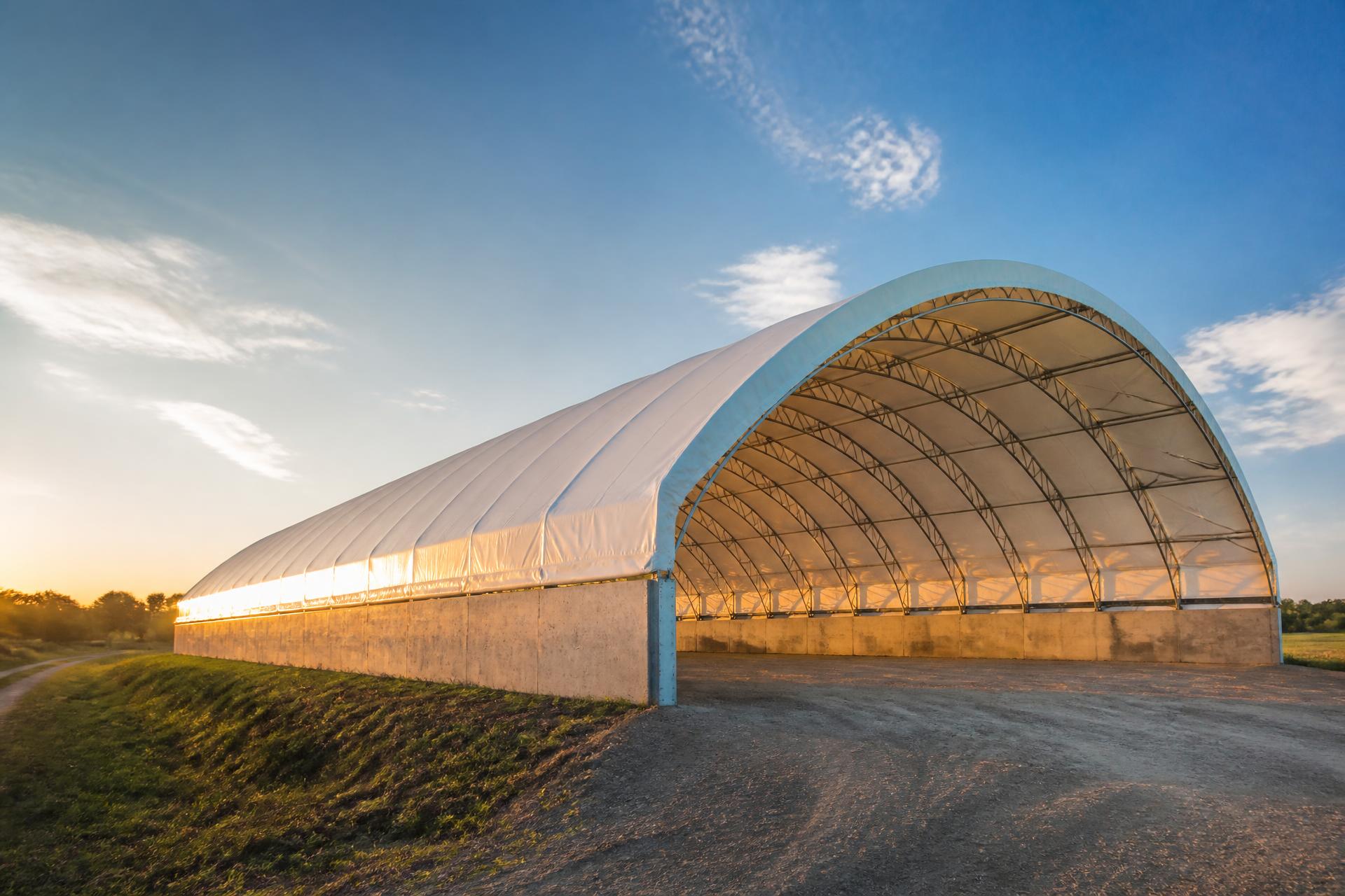 GGS fabric-covered structure in rural Eastern Ontario at golden hour